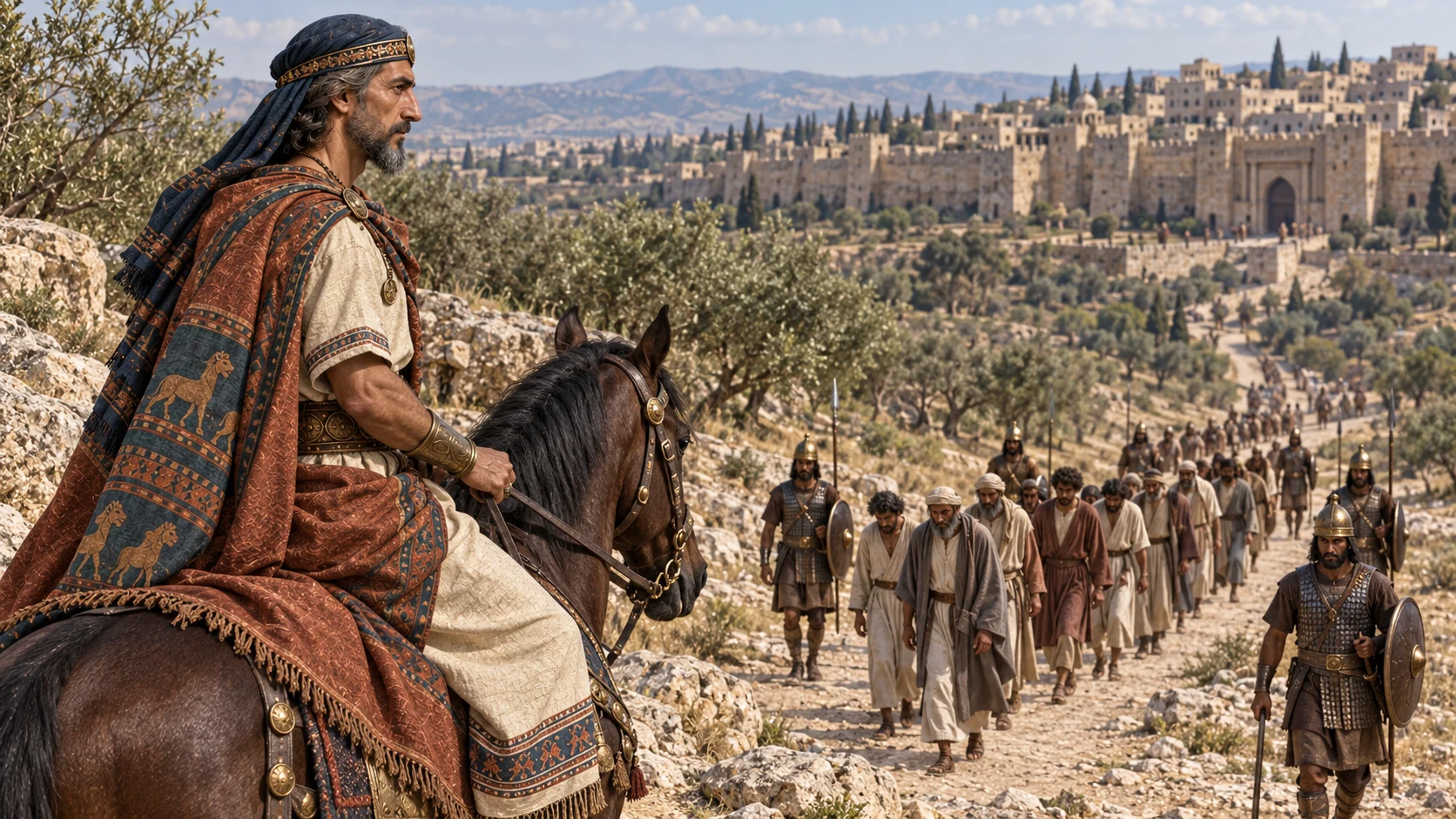 Aramean forces lead Judah’s captives toward Damascus.