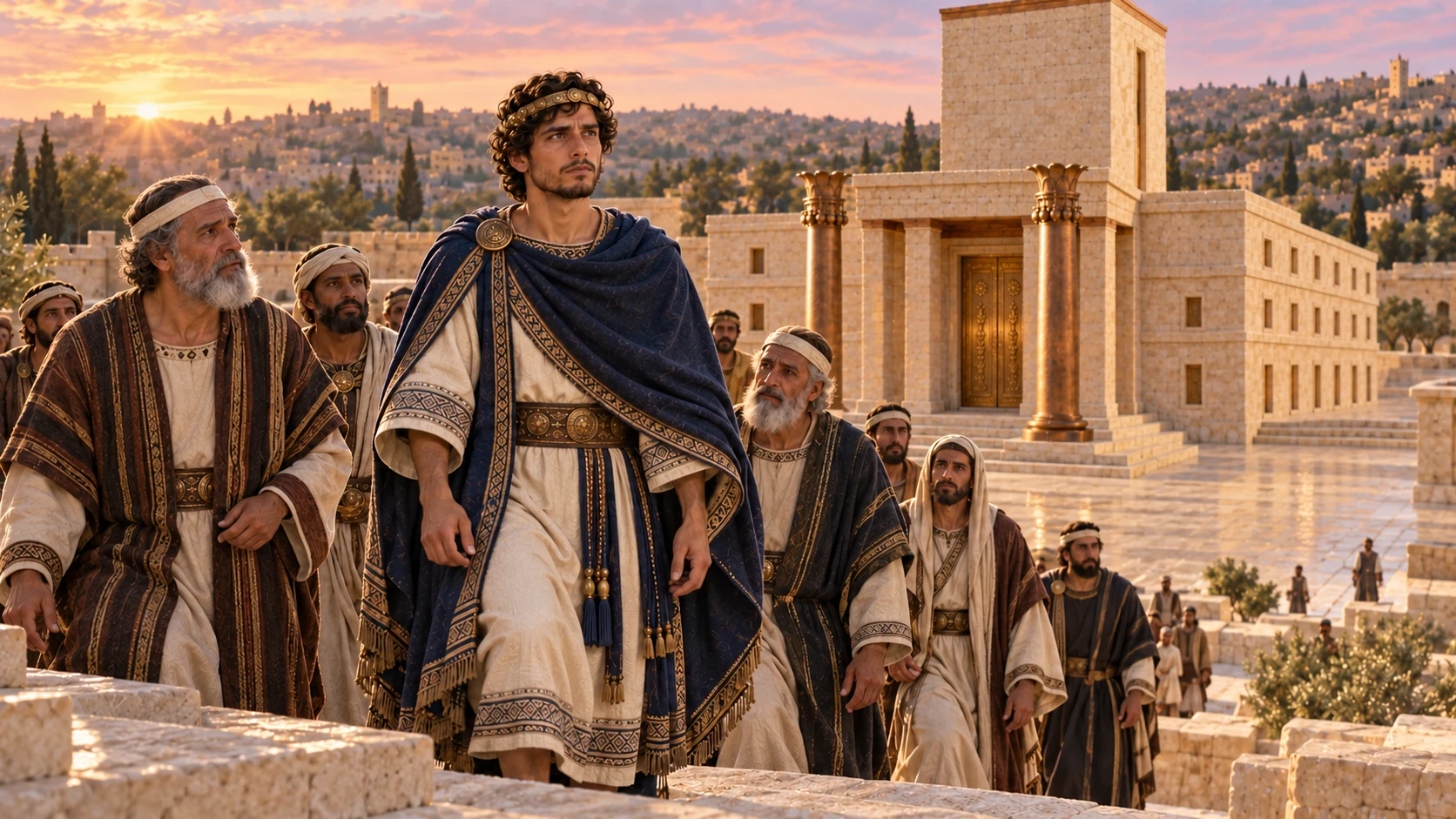Hezekiah gathers the city officials and ascends to the temple.