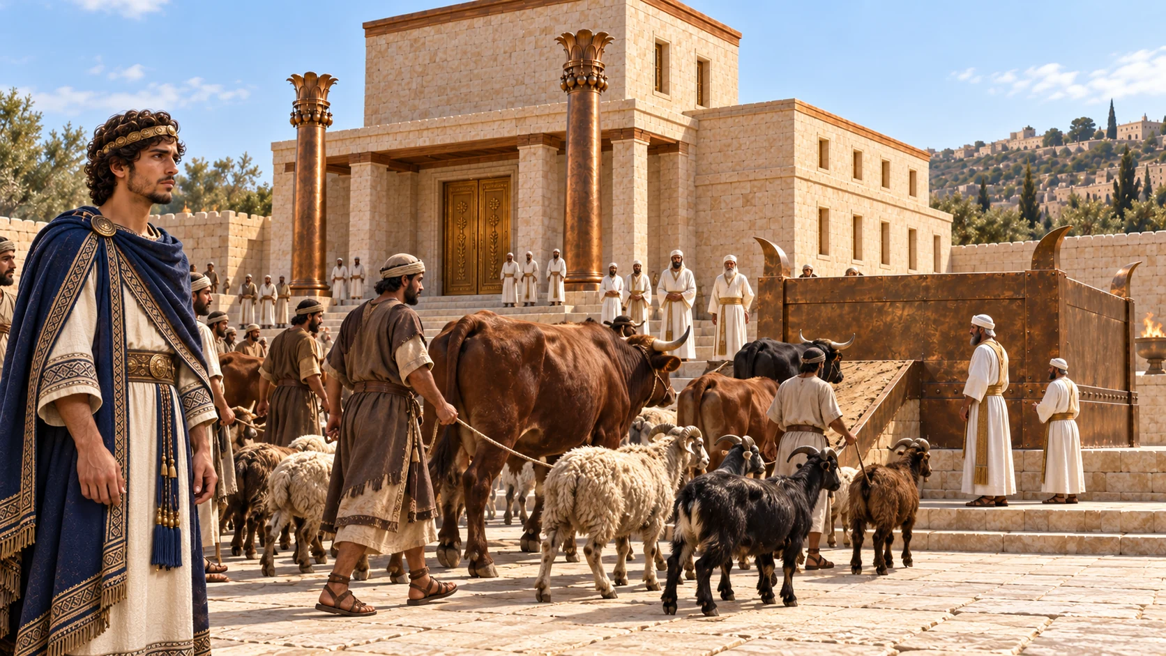Bulls, rams, lambs, and goats are brought for the offering.