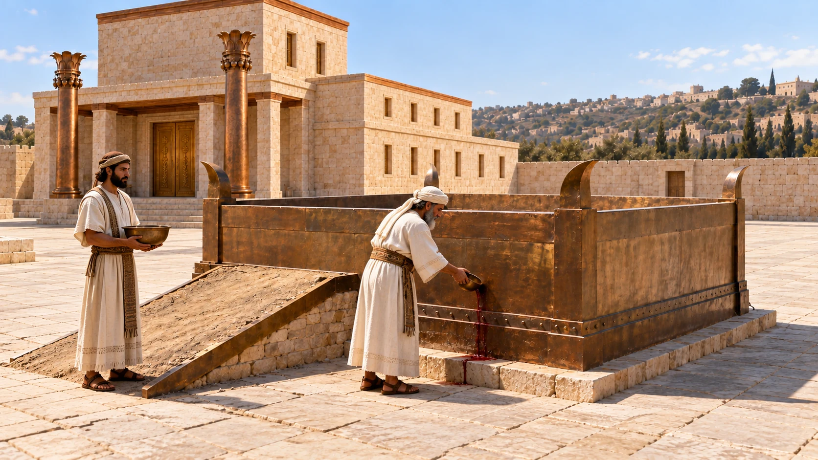 Priests receive the blood and apply it against the altar.