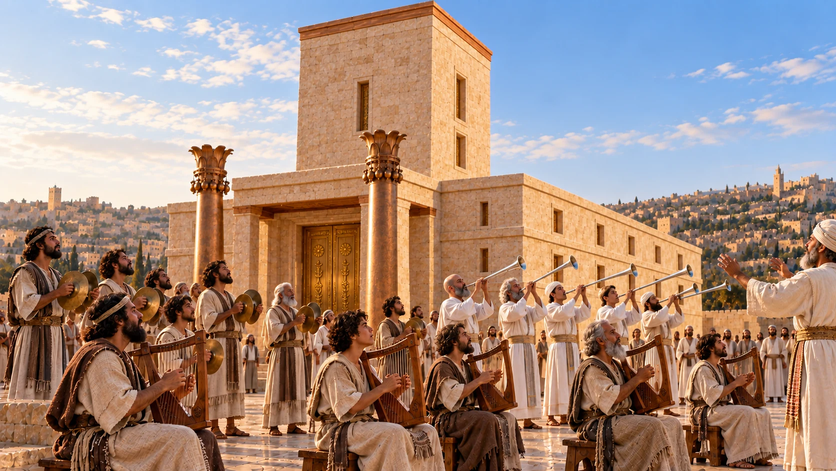 Levites stand with cymbals, harps, and lyres, and priests with trumpets.