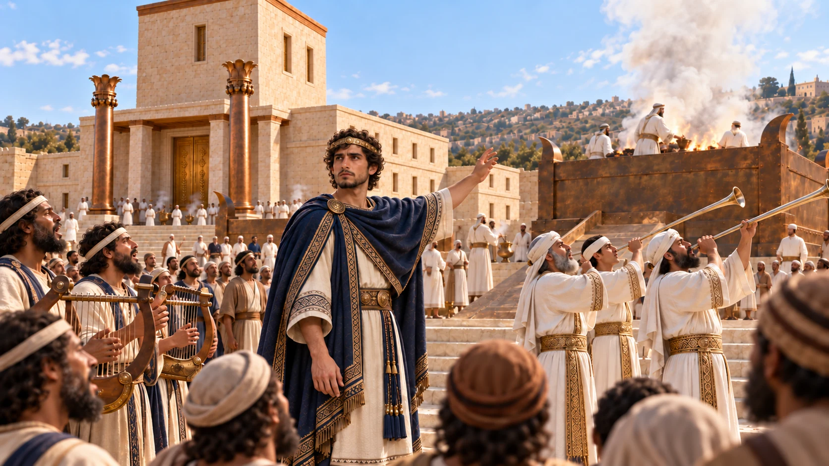 The offering begins as the song and trumpets rise together.