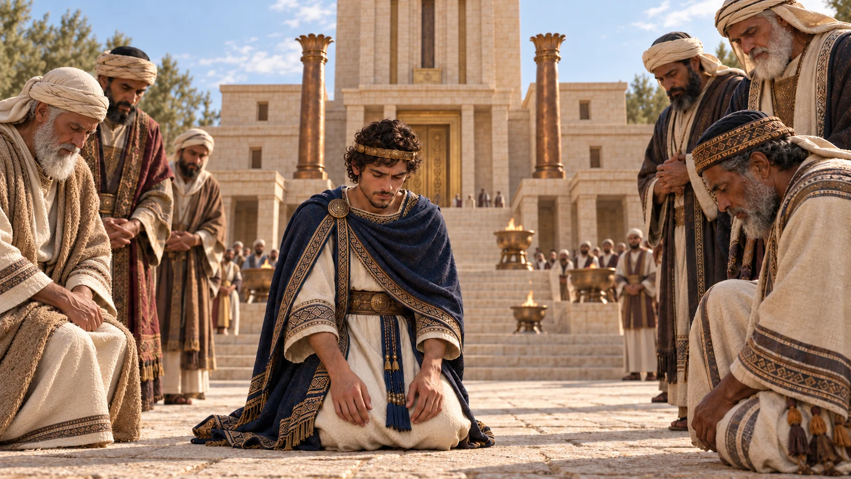 Hezekiah and those with him kneel when the offering is finished.