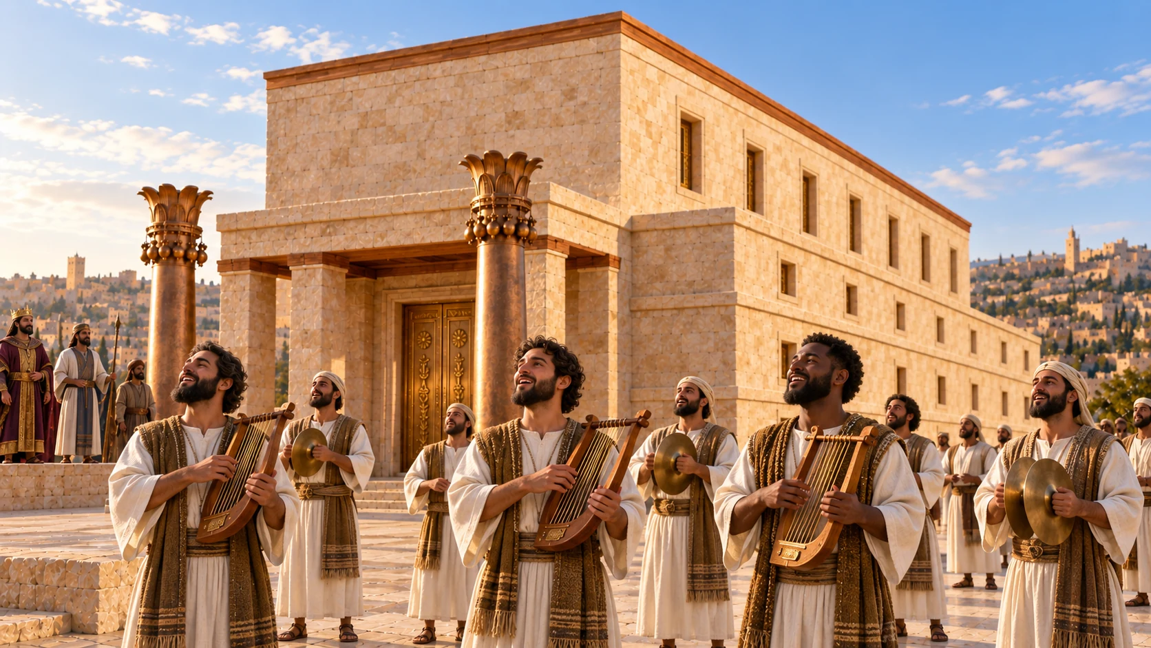 The Levites praise with the words of David and Asaph.