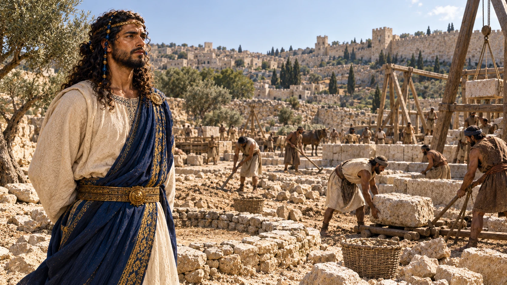 Wide rocky Jerusalem construction site with remnants of an old threshing floor, workers clearing ground; builder Solomon quietly surveys in cream robe blue mantle thin circlet. Use SECOND Solomon portrait identity only. No David or completed temple.