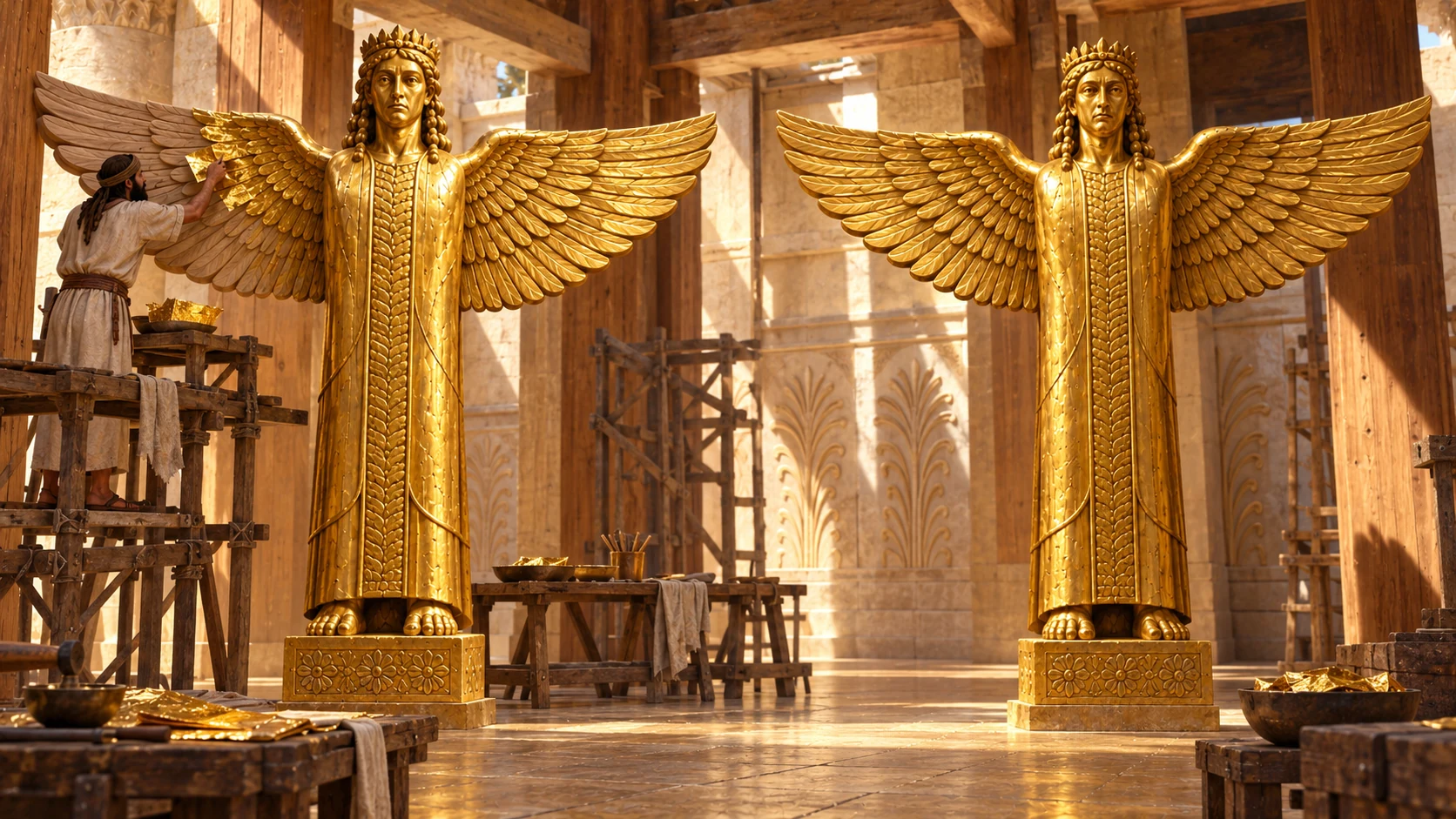 Two matching inanimate guardian statues being covered with thin gold sheet in sanctuary workshop. Match provided Kings sculptural reference: solemn long faces, carved long robes, feathered horizontal wings. One worker applying gold to unfinished wing edge, statues visibly carved objects no living flesh. No Ark.