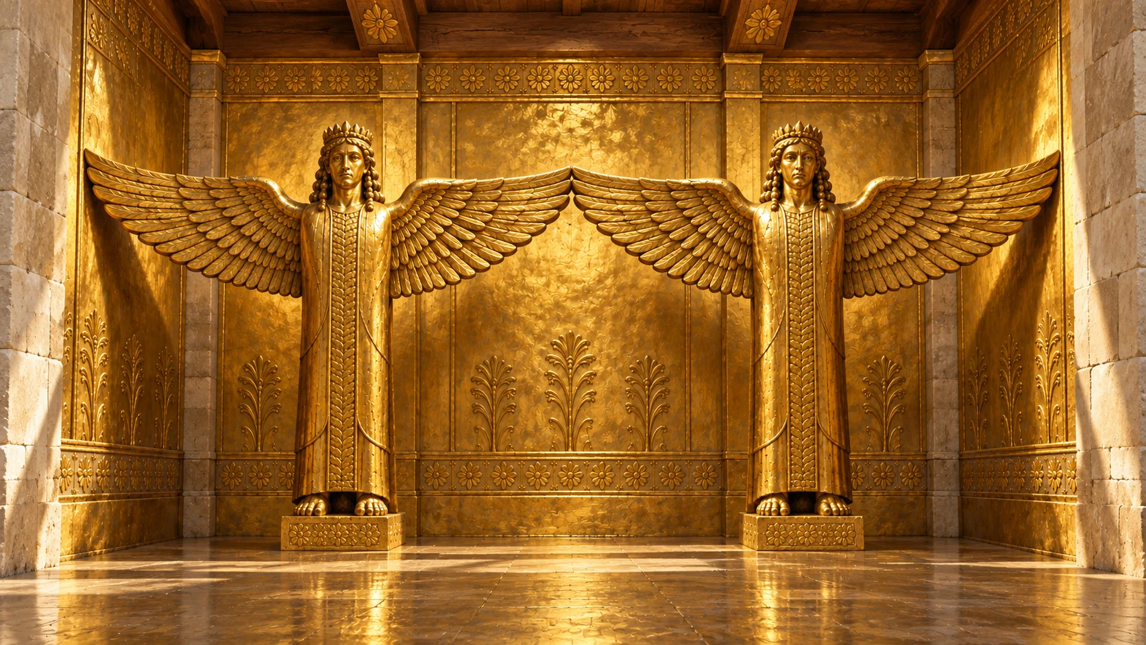 Frontal precise architectural view of TWO identical gold-covered guardian statues matching reference. Each has exactly two horizontal wings. Outer left wingtip touches left wall, two inner wingtips physically TOUCH at center, outer right wingtip touches right wall. All four wings visible, no Ark or people.