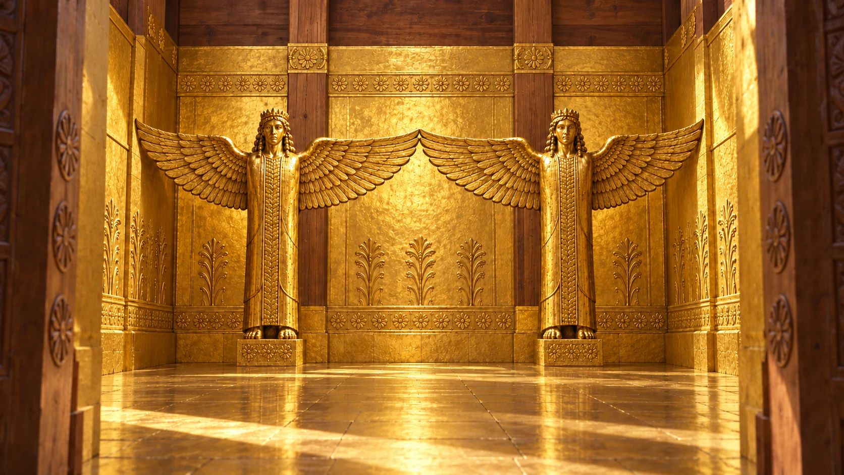 Low symmetrical full-length sanctuary view of TWO identical golden guardian statues matching reference, standing on carved feet, facing camera toward nave doorway, four wings extend wall to wall, central inner wingtips touching. Sculptures about half height of chamber. No Ark or person.