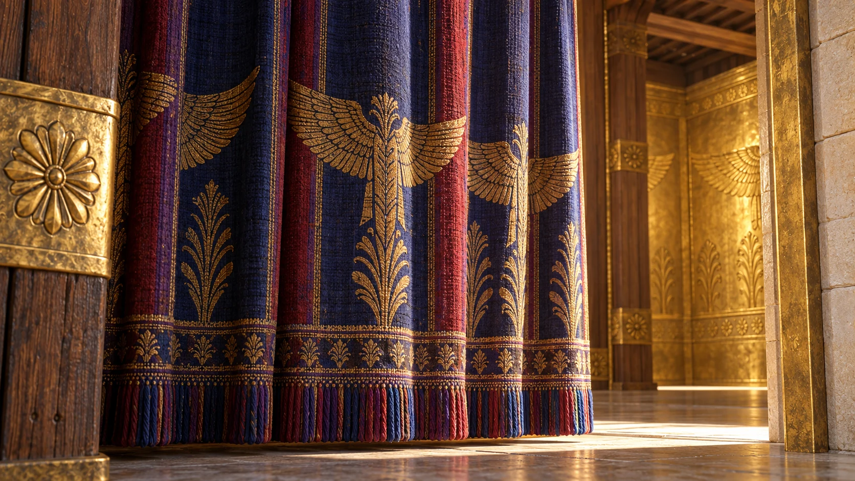 Close oblique view of hanging heavy woven blue purple crimson fine linen sanctuary curtain, embroidered flat winged guardian patterns matching Kings sculptural motifs in thread rather than living figures. Detailed weave, gentle folds, light from doorway, no readable symbols.