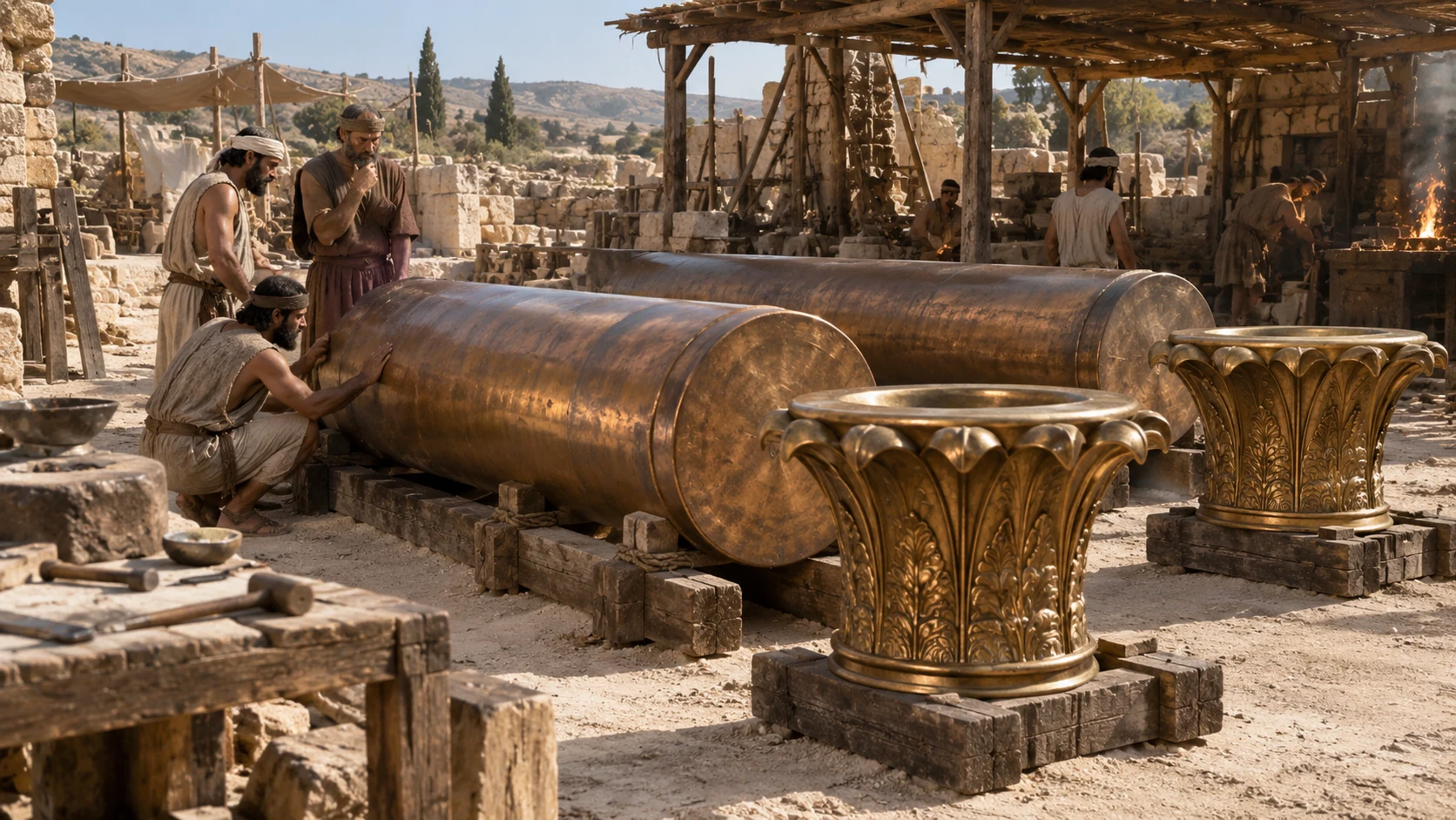 Open-air ancient bronze working yard showing TWO tall bronze pillar shafts lying horizontally on timber cradles, separate ornate five-cubit lily-style capitals nearby, uncrowned artisans examine casting. No finished temple facade or modern foundry.