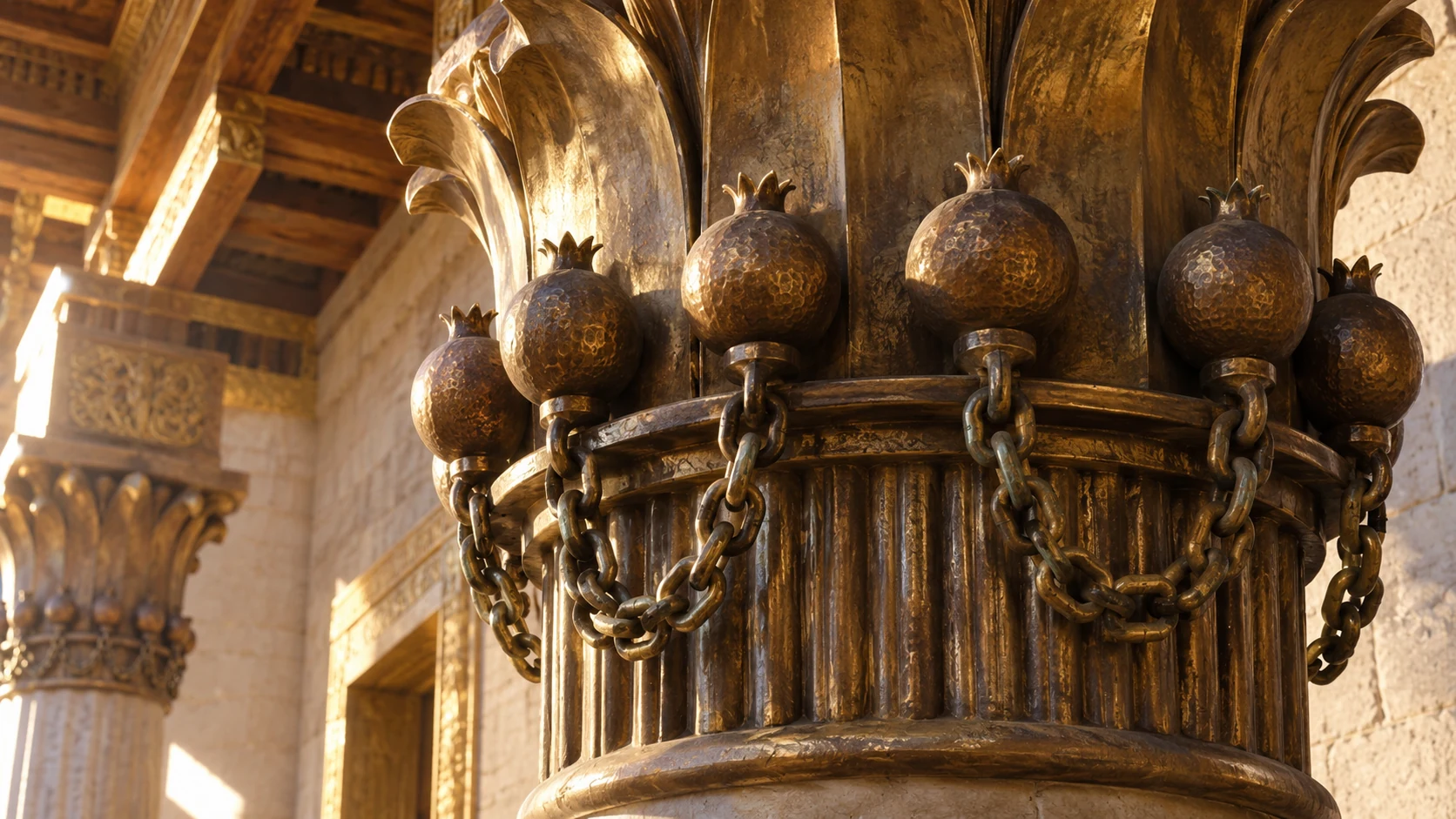 Extreme close architectural detail of hand-cast bronze chains draped along lily-style pillar capital with rows of recognizable round pomegranate ornaments, warm side sunlight, realistic bronze patina, do not imply exact visible count.