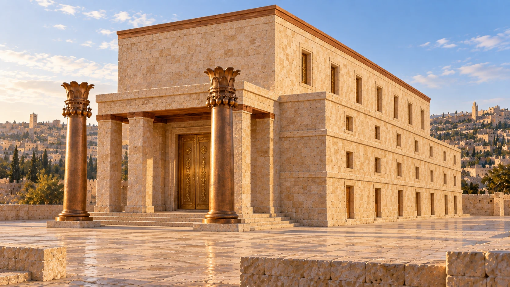 Oblique wide view of finished temple matching Kings tall main house and three-tier side chambers; two separate bronze pillars stand before the stone-post portico; empty court.