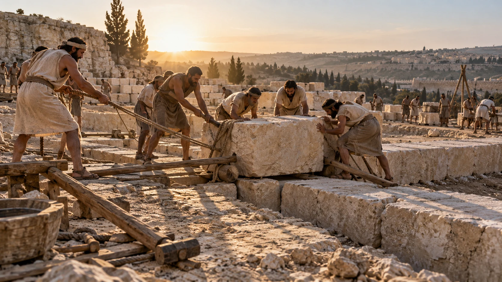 Low morning sun lights workers setting a first limestone block at the cleared site, wooden levers ropes and hand tools, beginning foundations. Uncrowned workmen only, no calendar or finished temple.