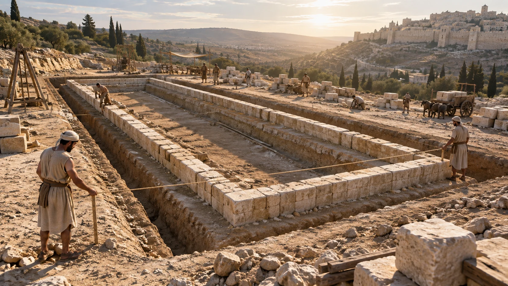 Elevated oblique view of long narrow rectangular foundation trenches and limestone footing courses, surveyors using rope stretched along edges, house proportion roughly three to one, no numbers or diagram.