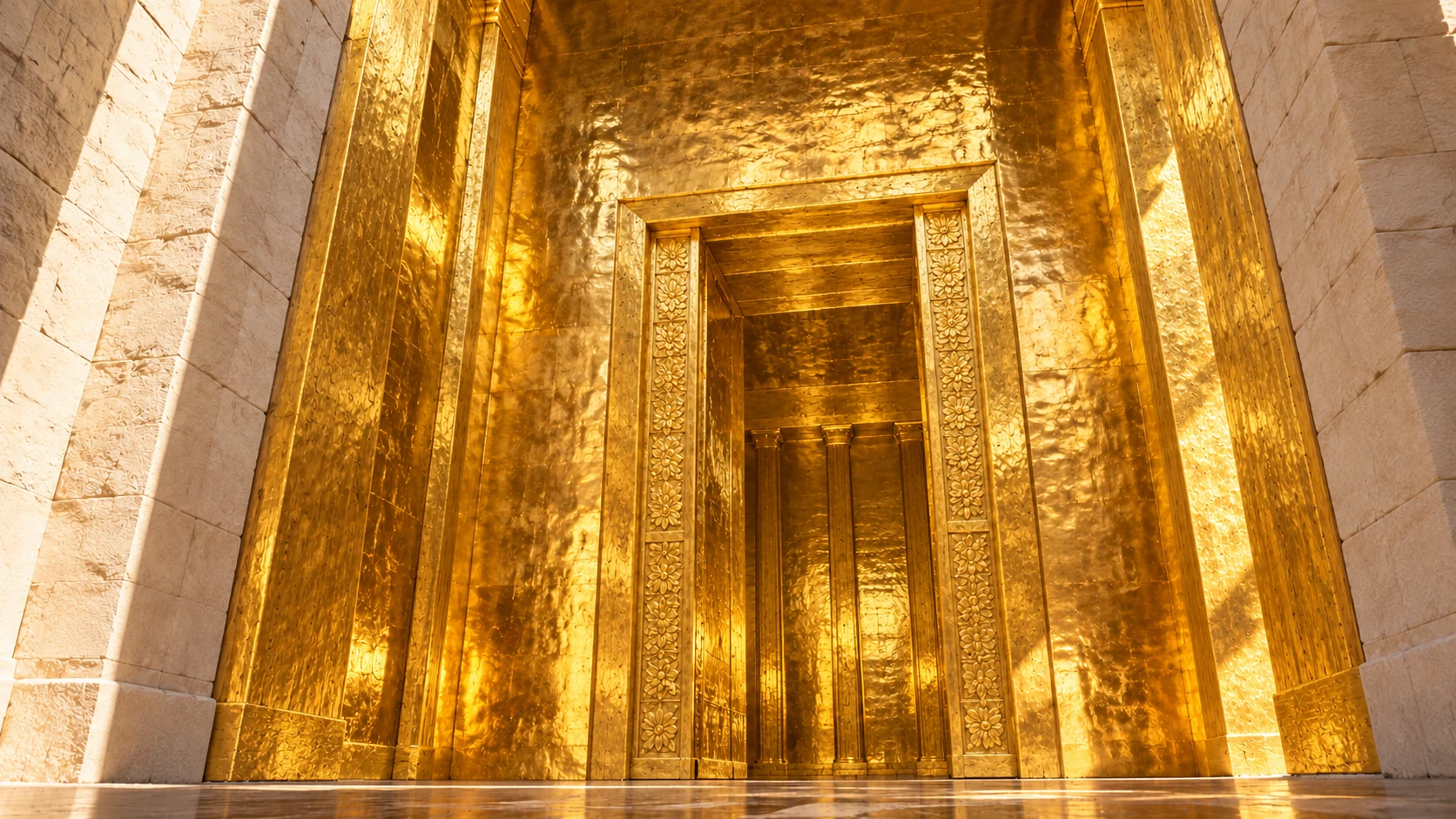 Low-angle close view inside monumental rectangular temple portico, tall vertical cedar and limestone walls, pure hammered-gold interior surfaces catching daylight. Tight crop excludes roofline and avoids inventing a disputed overall height. No bronze pillars yet.