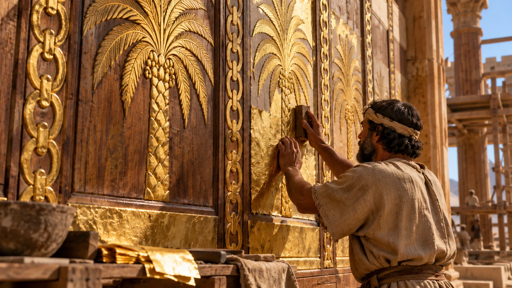 Close raking-light view of cypress wall panels partially covered in thin fine gold with recognizable carved palm trees and chain ornament, a worker applying gold sheet with wooden tool, realistic natural hands.