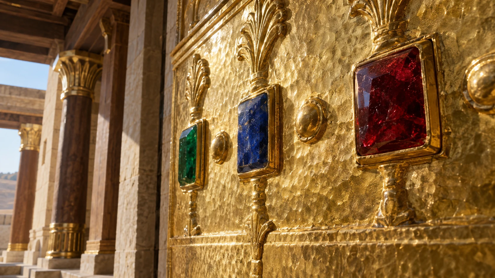 Macro oblique architectural detail of colored precious stones set sparingly in hammered-gold decorated wall surface, deep red blue green natural translucent mineral texture, sun glints, no magical glow.