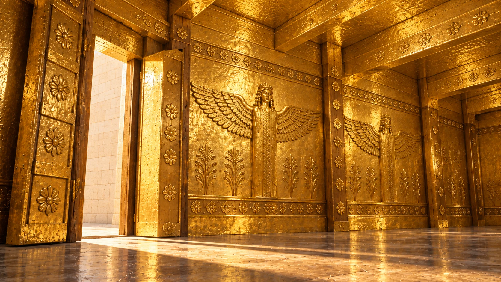 Architectural oblique interior shot showing golden cedar beams, threshold, doors and wall with shallow carved relief winged guardians and palm motifs. Sculptural motifs follow provided Kings reference ONLY, transform to photorealistic hammered gold. No freestanding statue here.