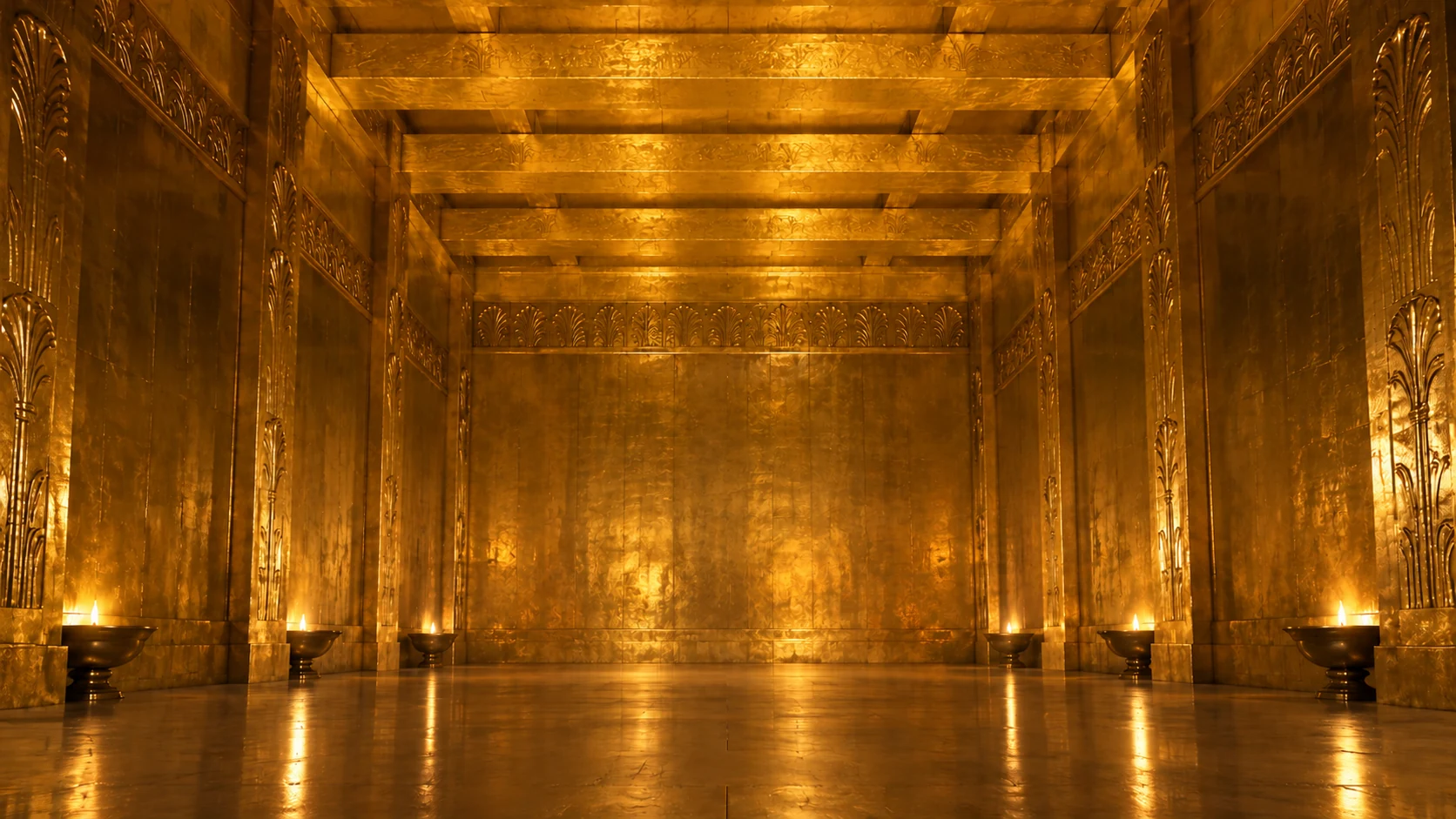 Interior of empty cube-shaped golden sanctuary with equal-width/depth perspective, gold-covered wood walls floor and overhead beams, restrained relief ornament, no Ark or statues yet; warm reflected practical lamplight and deep shadow.