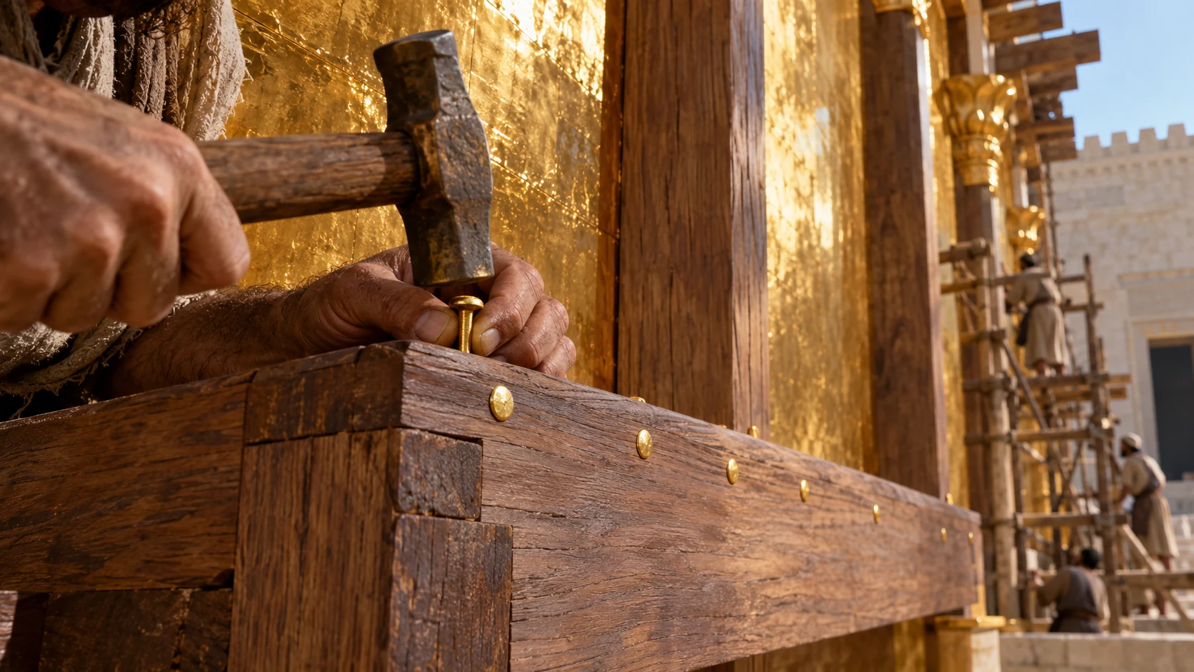 Close craftsmanship insert of small hammered gold nails in cedar beam joinery, rough artisan fingers seating one nail carefully with small bronze hammer, gold-covered upper wall behind, no industrial screws.