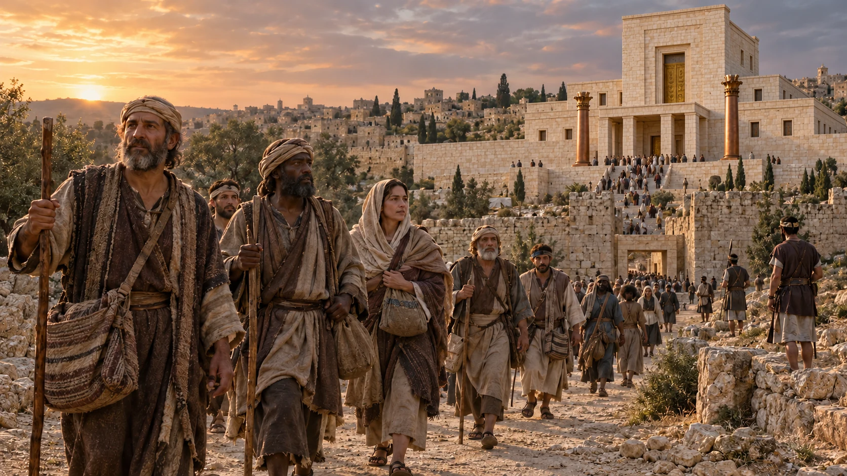 Men from Asher, Manasseh, and Zebulun humbly come to Jerusalem.