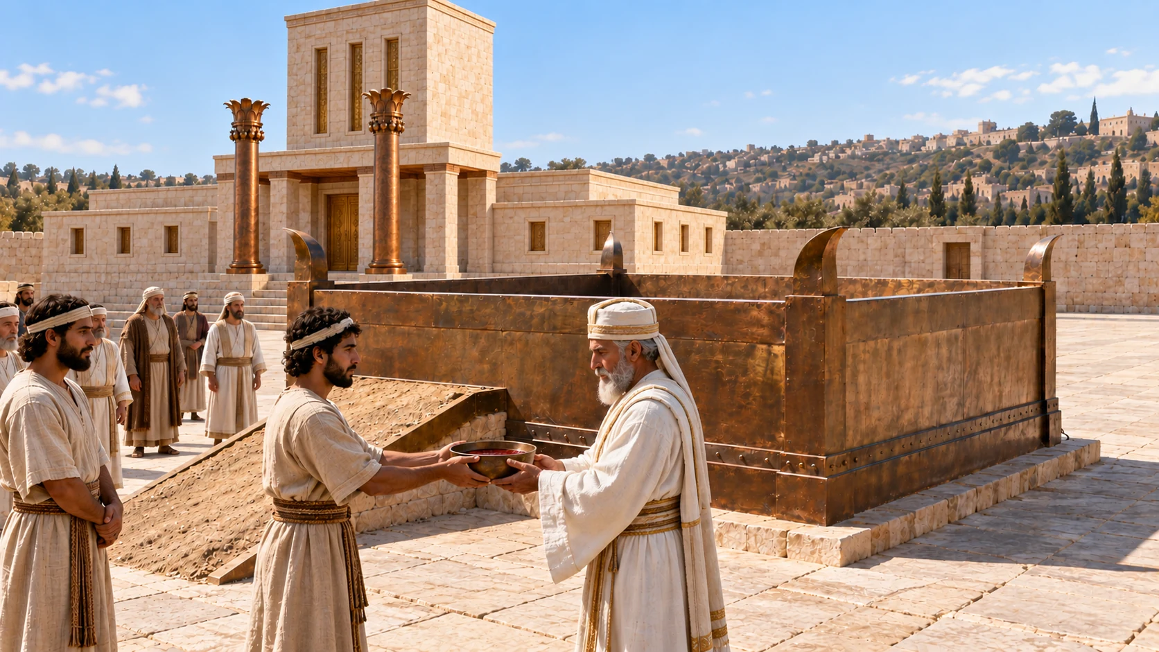 Priests receive the blood from the Levites and serve at the altar.