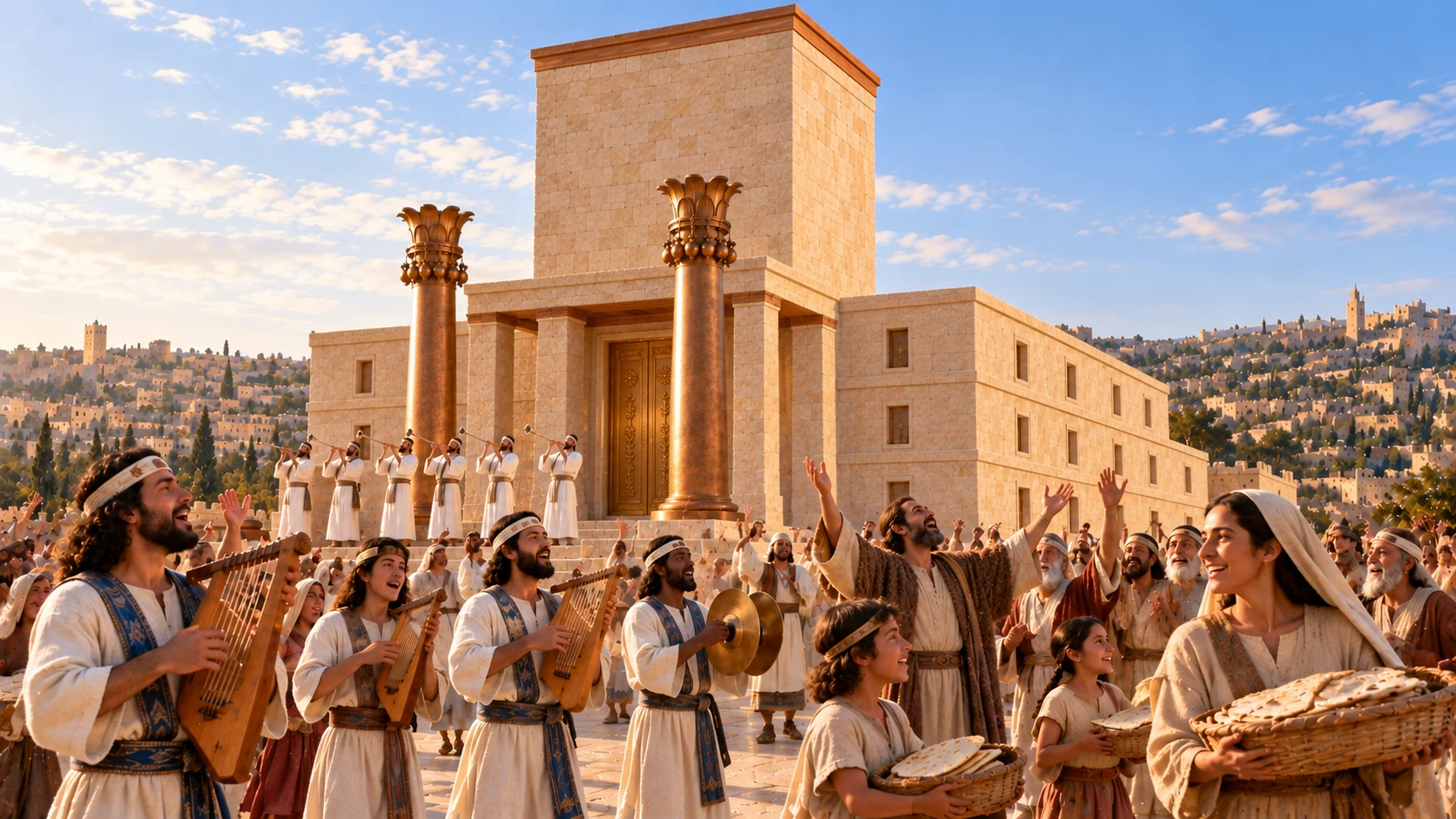 The people keep the feast while priests and Levites praise day by day.