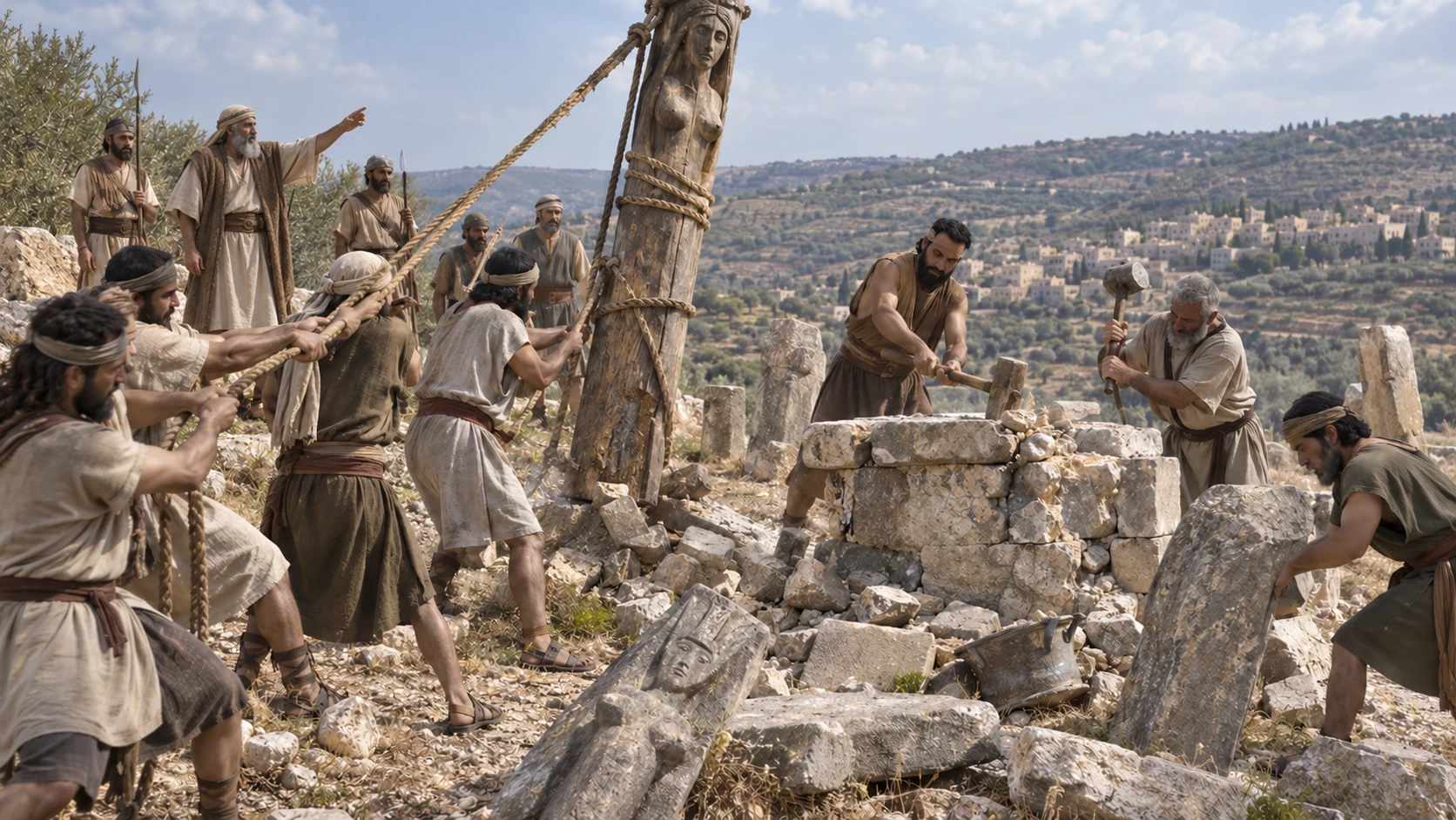Israel removes cult pillars, Asherim, high places, and altars before returning home.