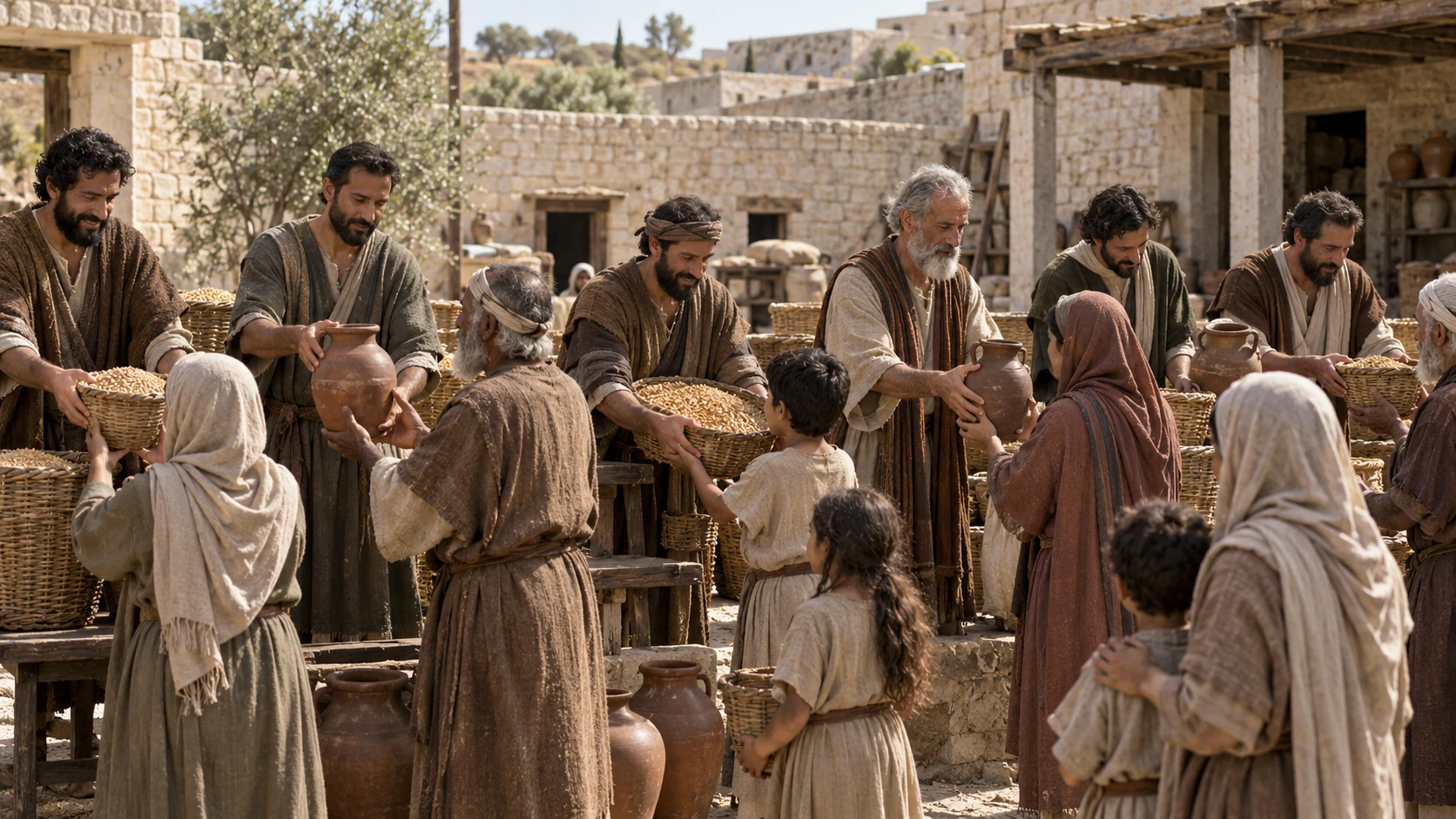 Six ministers distribute portions fairly to great and small.