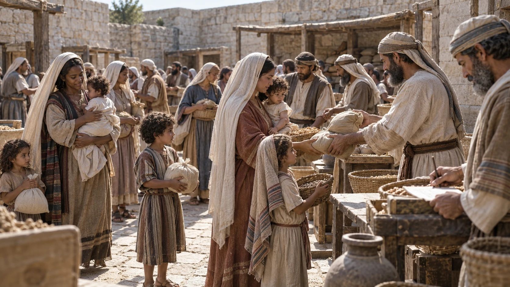 The faithful assembly includes wives, sons, daughters, and little ones.