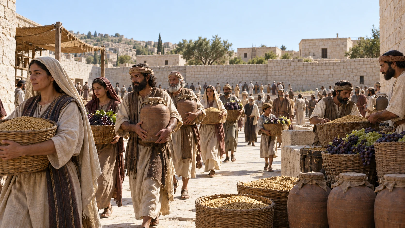 Israel brings grain, wine, oil, honey, and abundant produce.