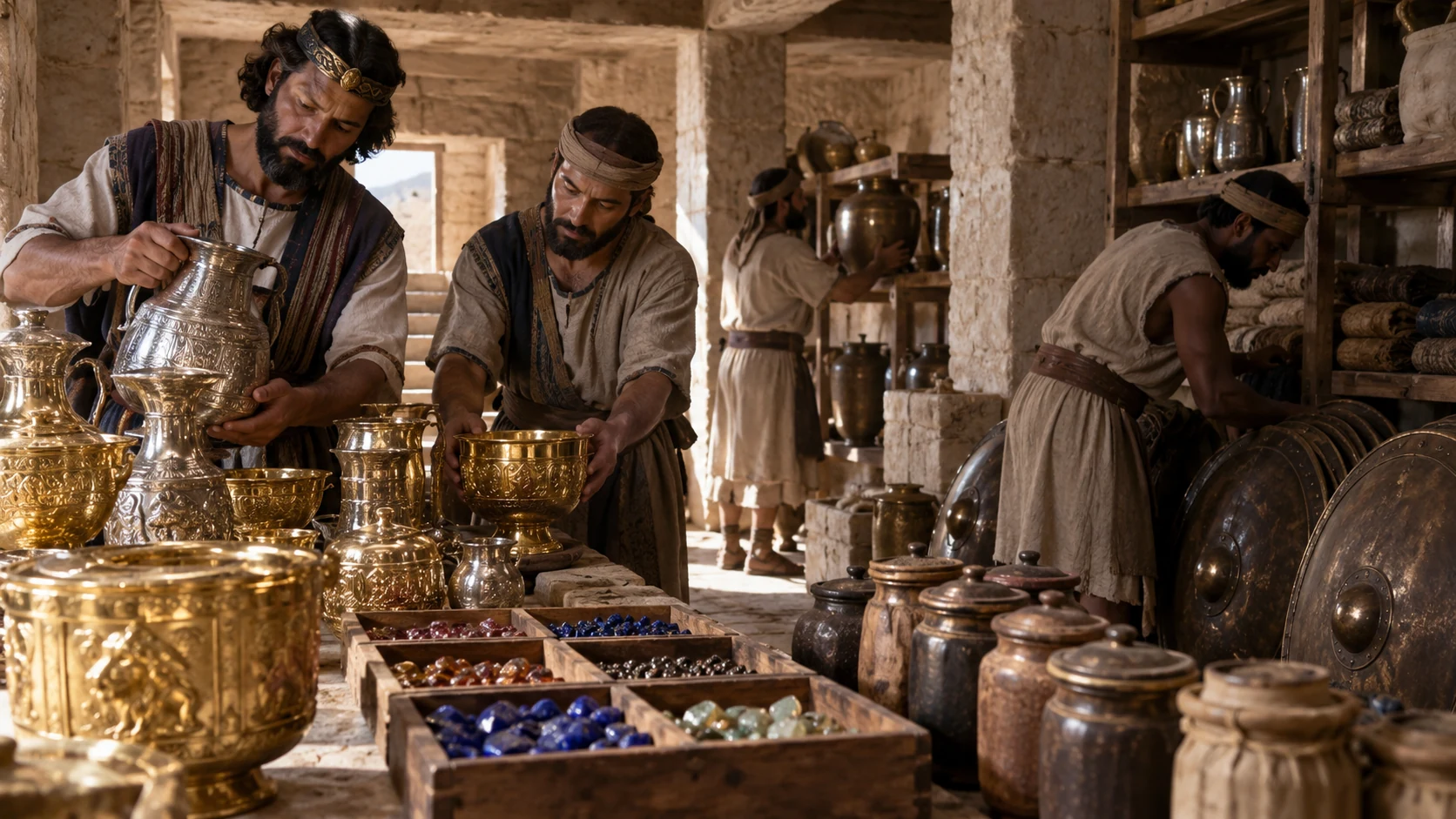 Hezekiah makes storehouses for wealth and precious articles.