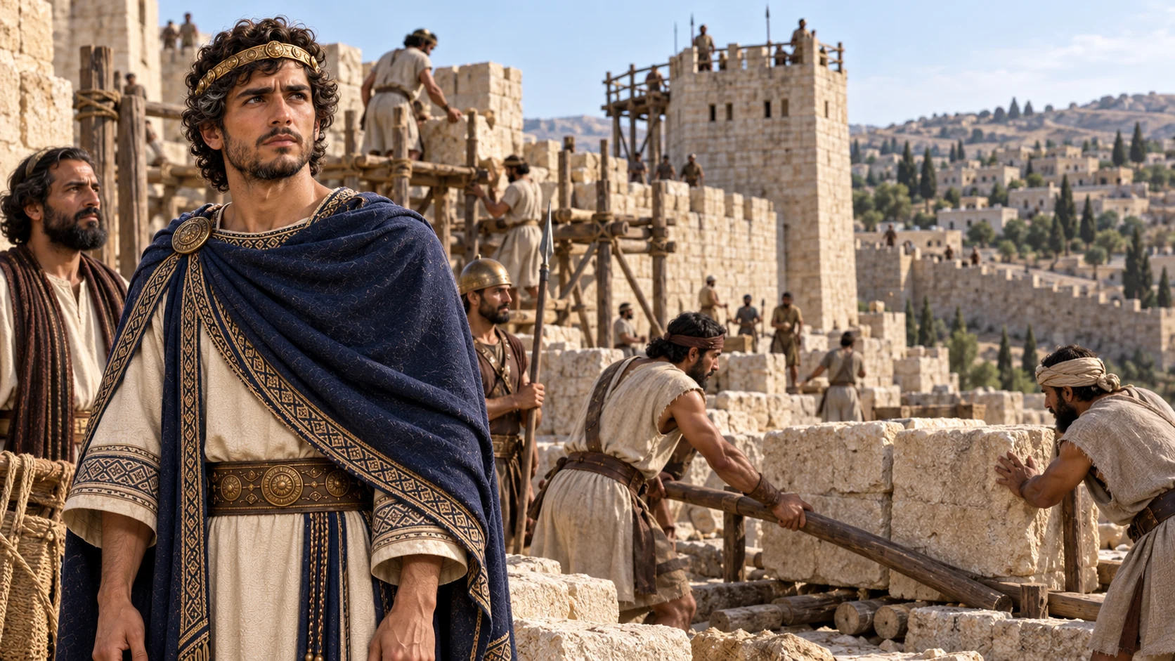 Hezekiah repairs walls, raises towers, and strengthens the city’s defenses.