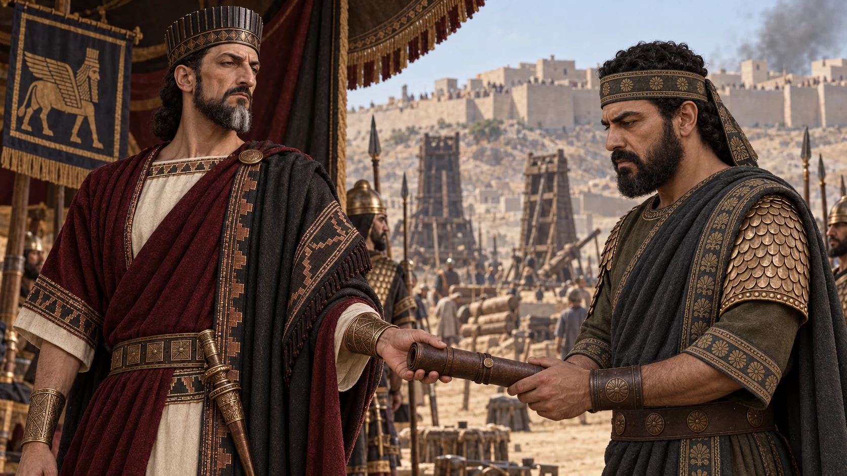 Sennacherib sends servants from his camp before Lachish.