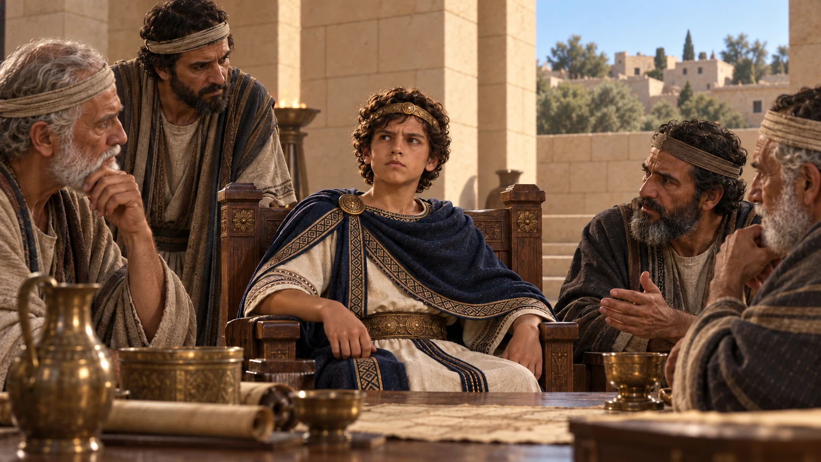 Twelve-year-old Manasseh begins his long reign in Jerusalem.