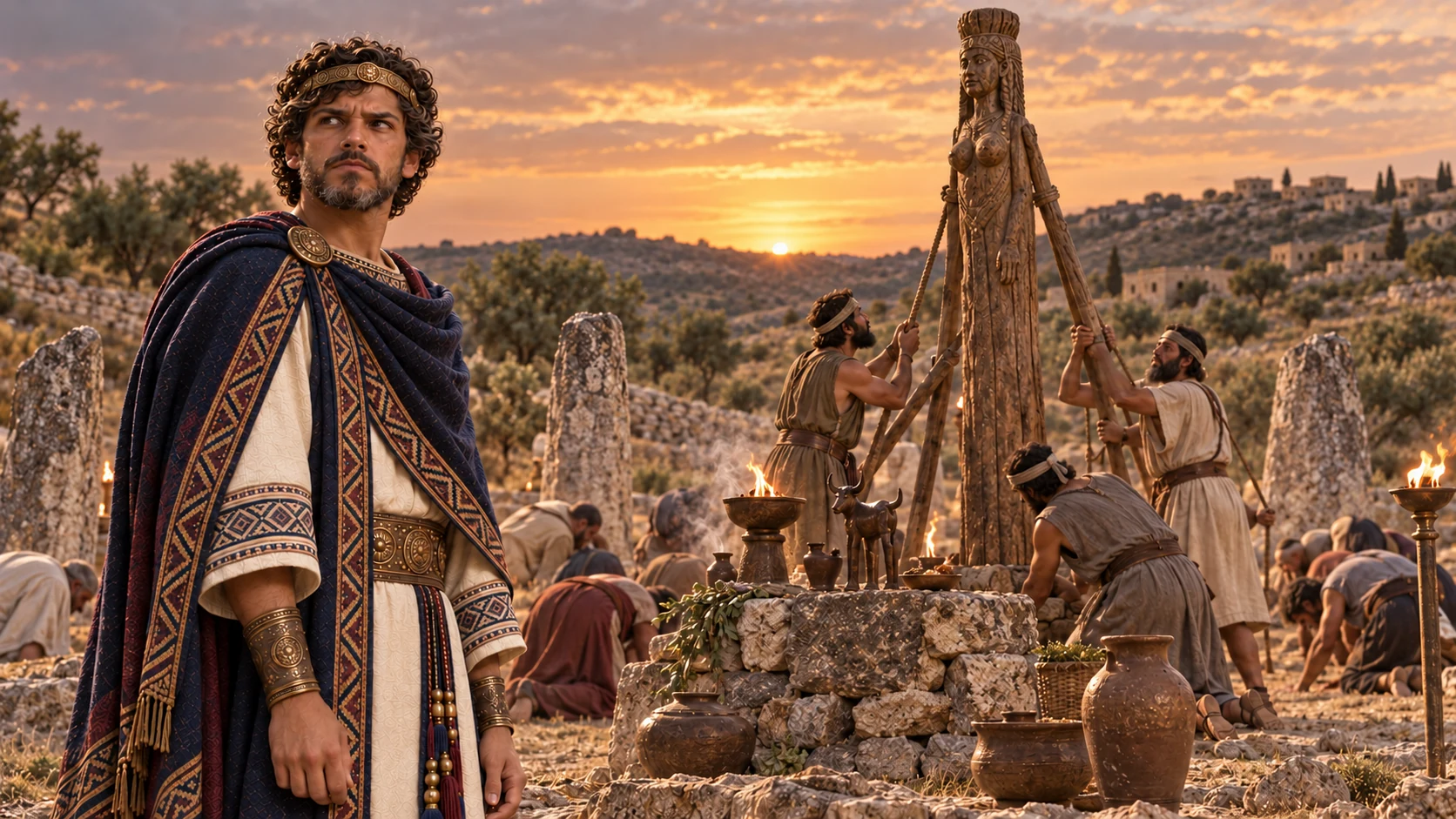 Manasseh rebuilds high places and serves Baals, Asherim, and heaven’s host.