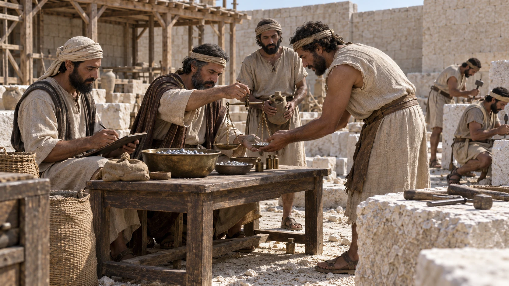 The overseers place the money into the hands of the repair workers.