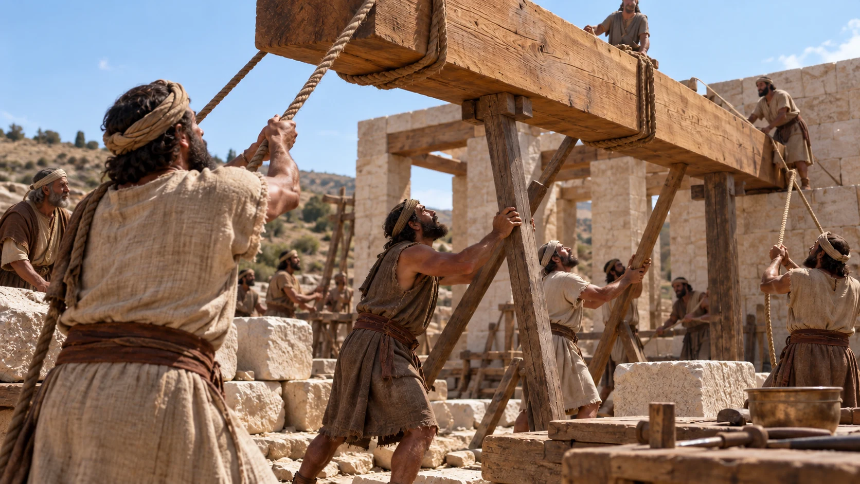 Craftsmen buy stone and timber to repair the ruined supports and roofs.