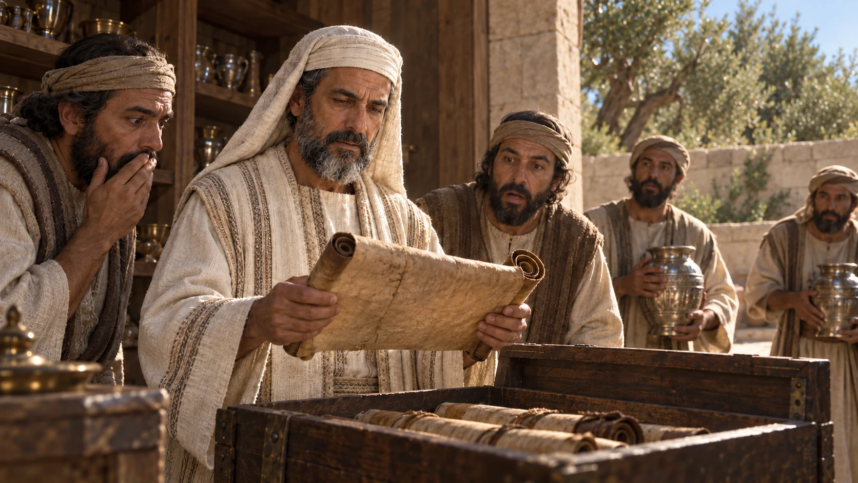 Hilkiah finds the Law while the temple silver is brought out.