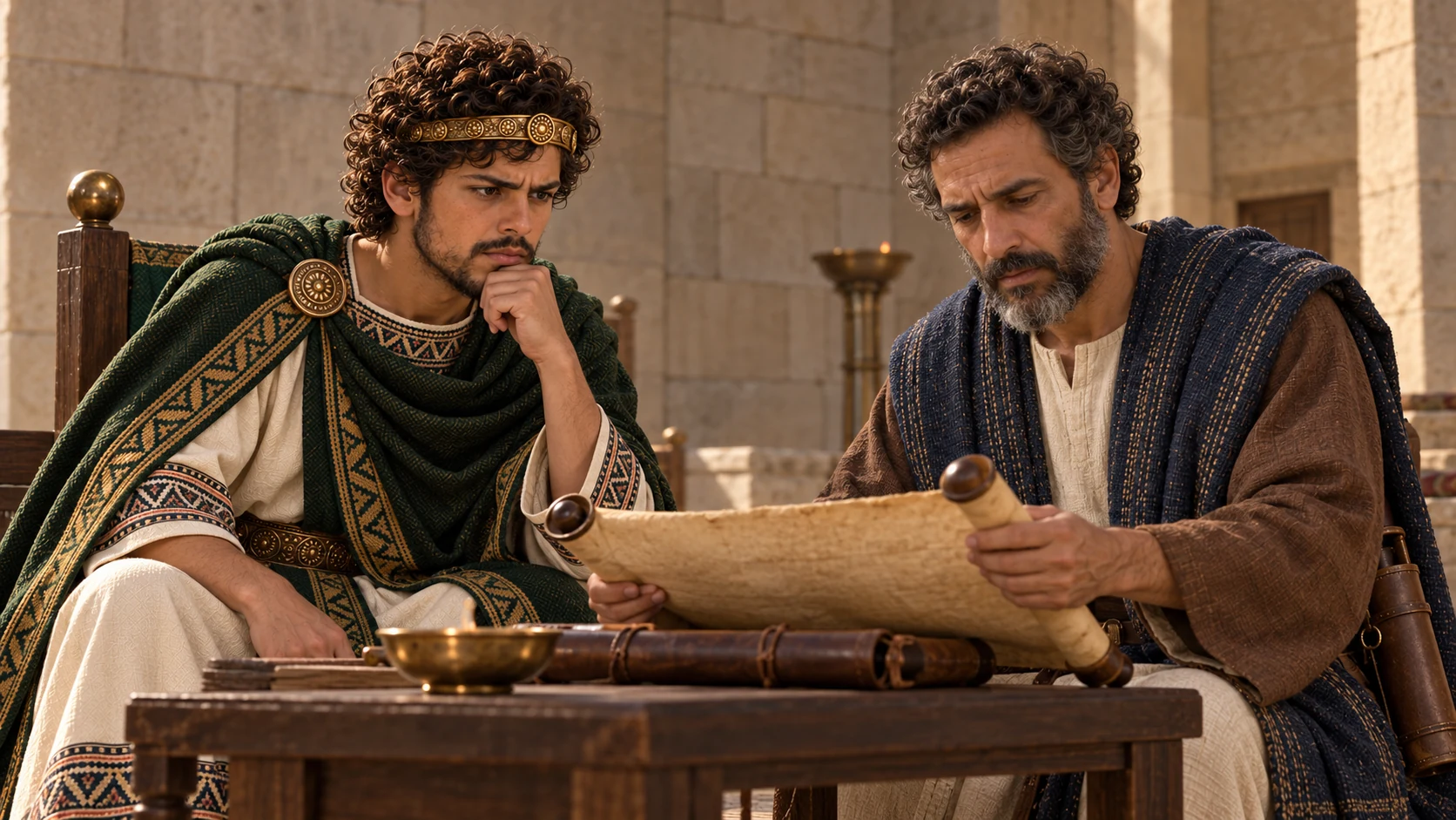Shaphan reads the Book of the Law before the king.