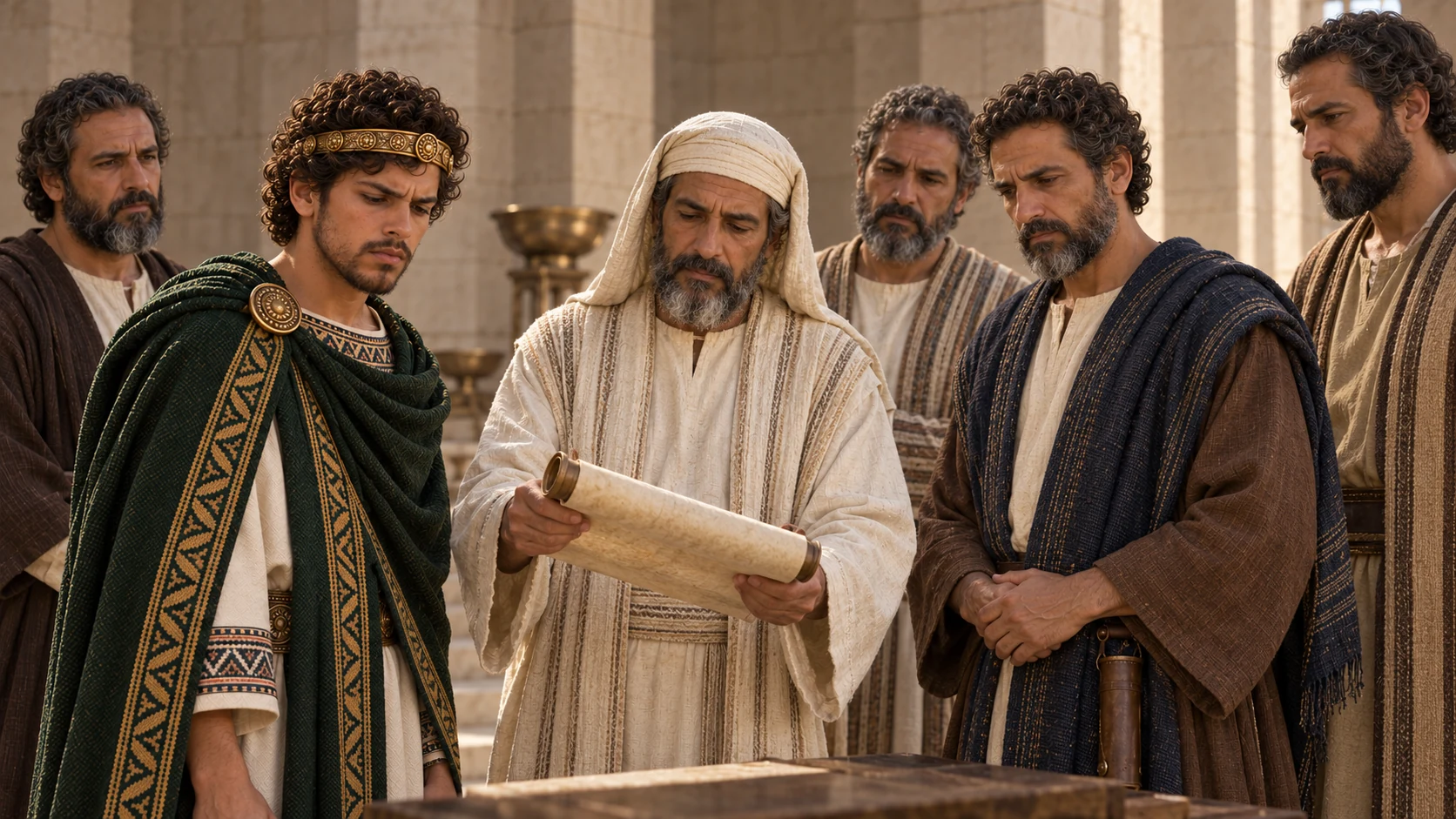 Josiah commands five servants to inquire about the discovered Law.