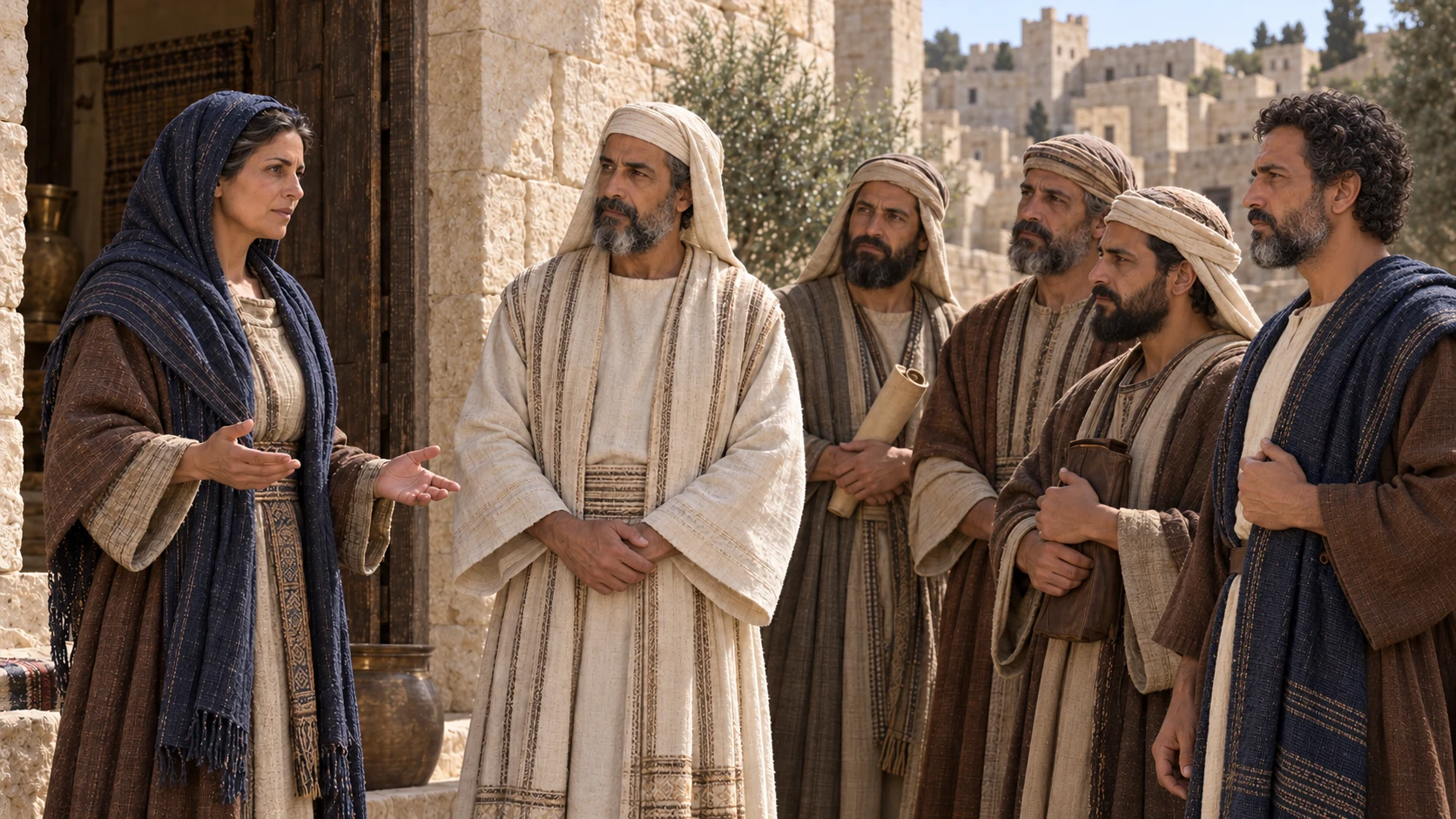 The king’s servants seek Huldah in Jerusalem’s Second Quarter.