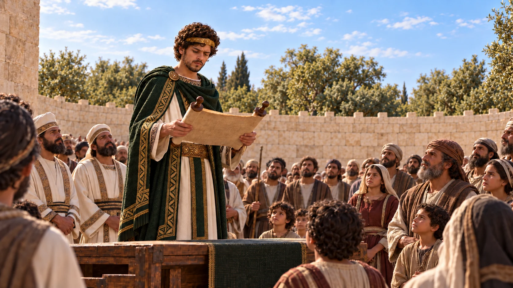 Josiah reads the covenant before the gathered people at Yahweh’s house.