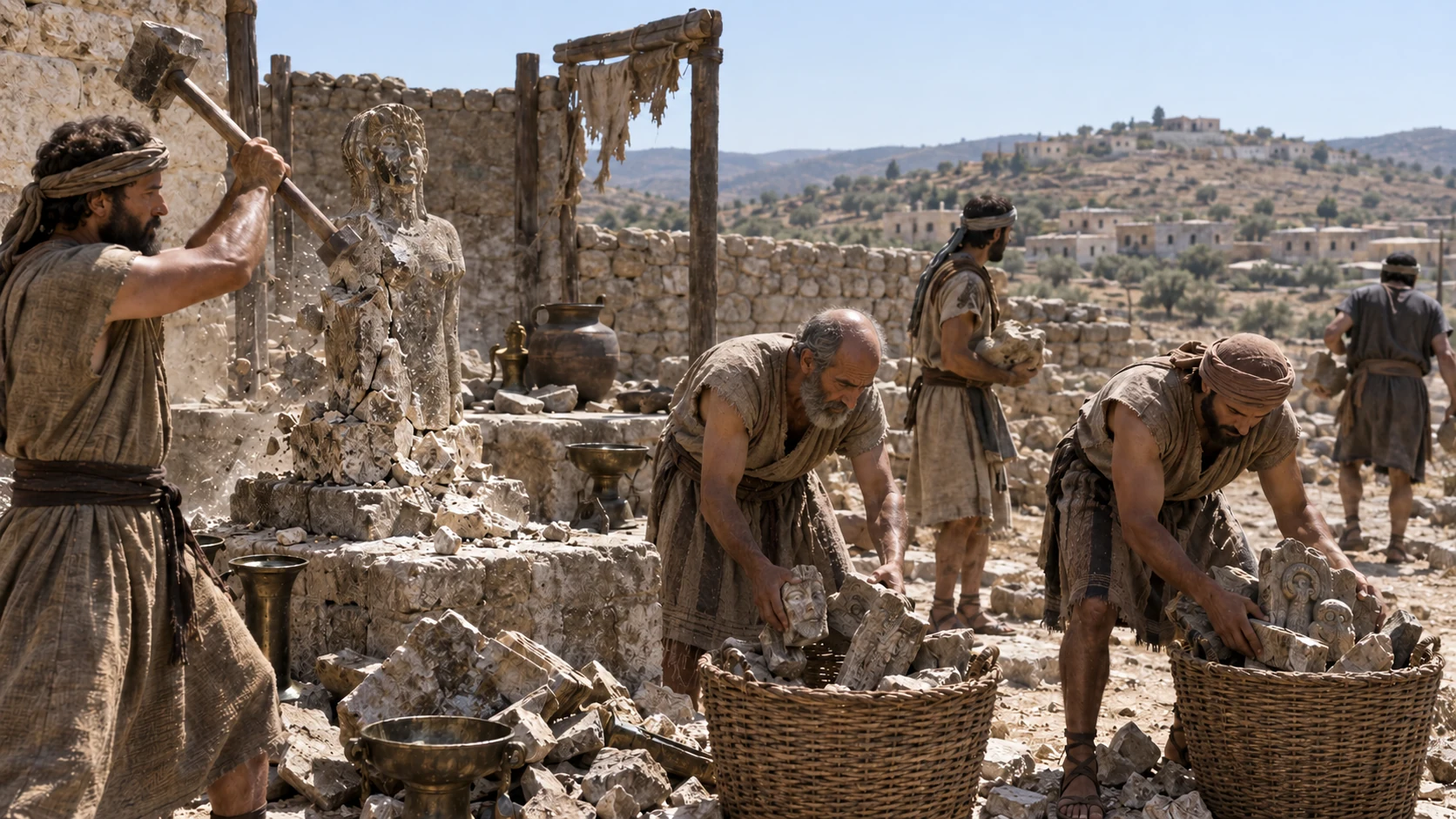 Workers remove cult shrines across the northern cities and return to Jerusalem.