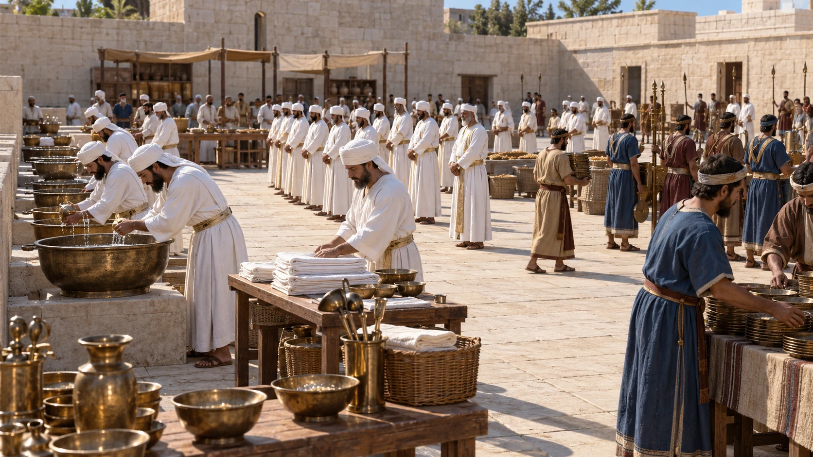 Priests and Levites take their stations for the prepared service.