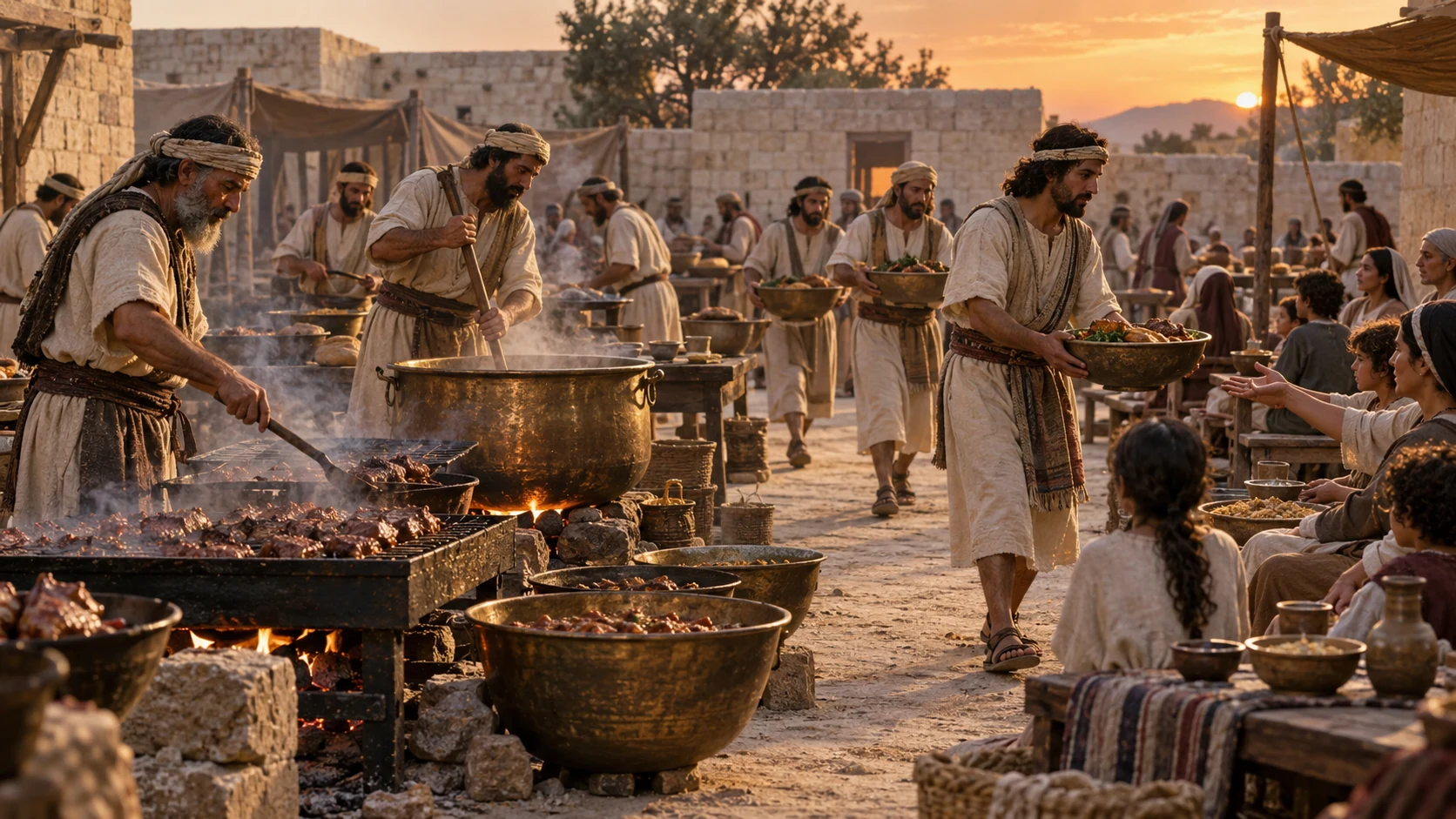 The Levites roast and boil the offerings and bring them quickly to the people.
