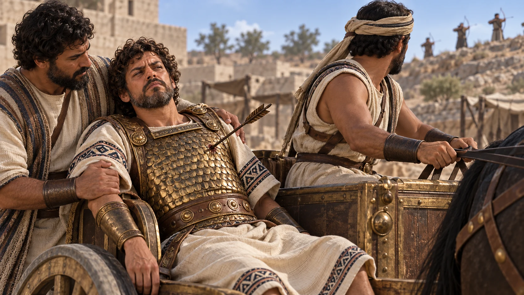 Archers wound Josiah, and he asks his servants to take him away.