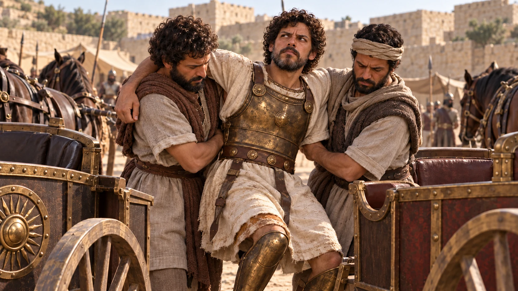 Servants move Josiah to his second chariot and carry him home.