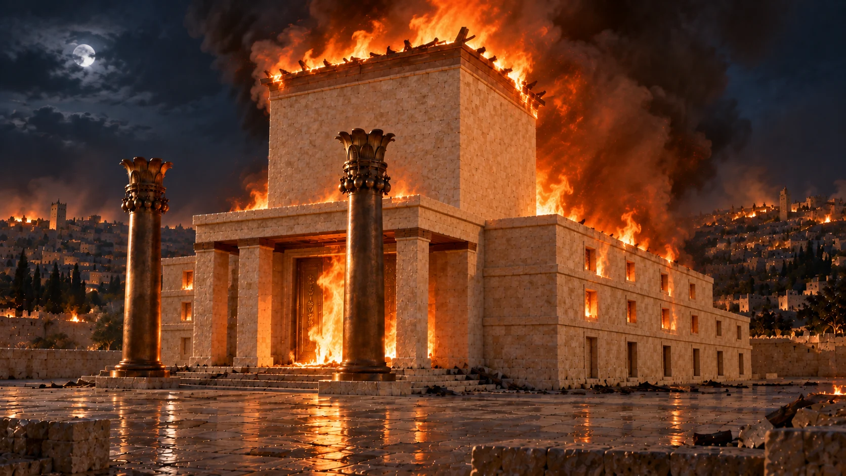 The house of God burns as Jerusalem’s walls and palaces fall.
