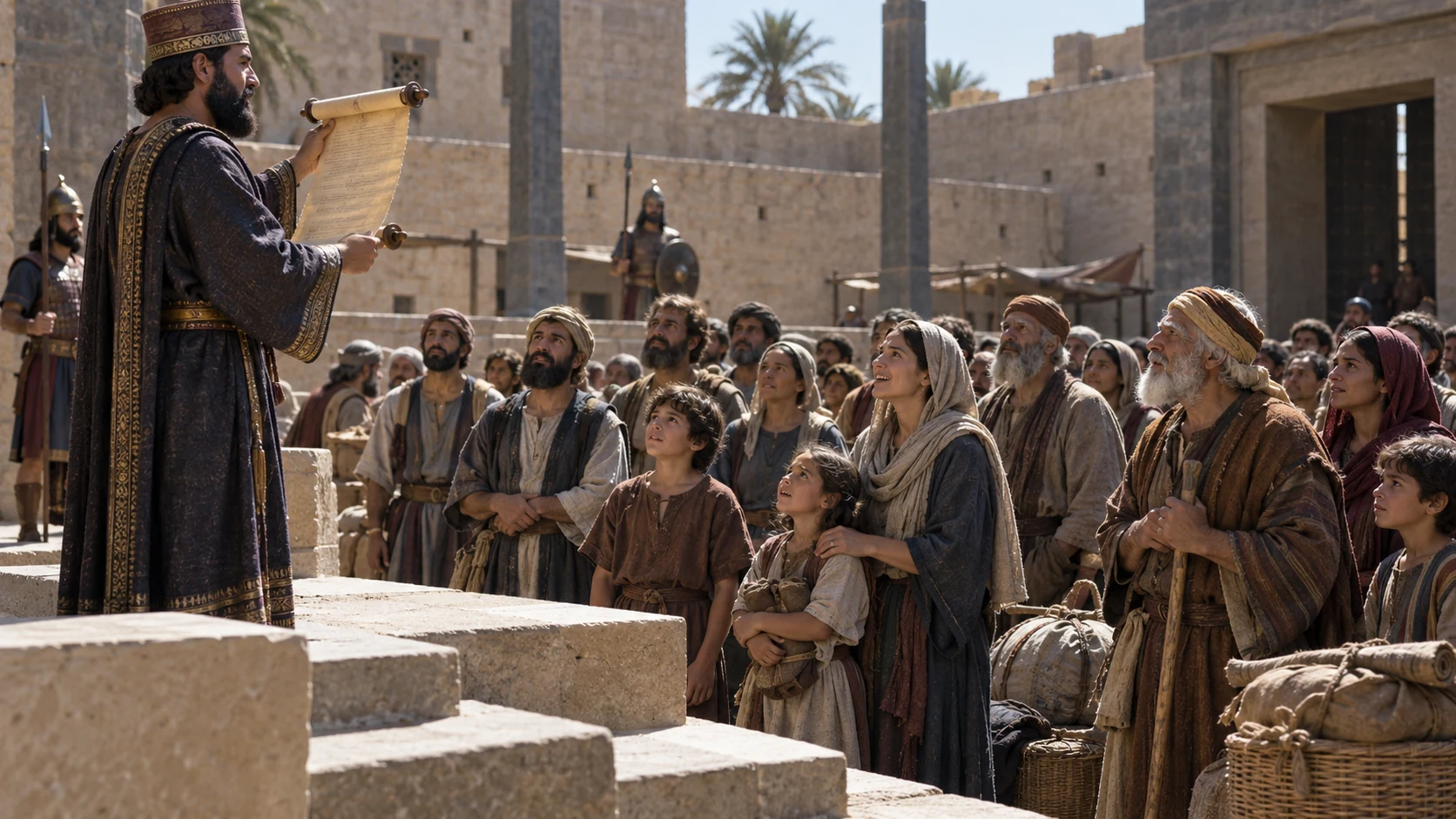 Cyrus declares the charge to rebuild Yahweh’s house and invites the people to return.